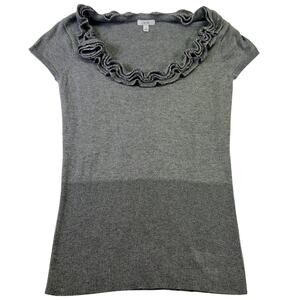 Cache Gray Ruffle Collar Knit Silk Tunic Silver Flecked Fitted Short Sleeve S